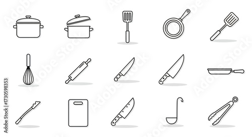 Hand-drawn doodle collection of essential cooking utensils and cookware in a simple line art style.