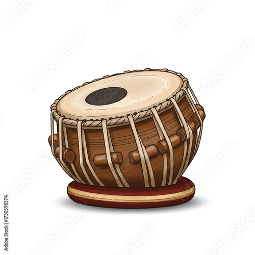 A realistic 2D vector illustration of a traditional Indian tabla percussion instrument, featuring its distinctive drums, clearly isolated on a clean white background.
