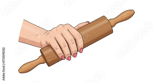 Isolated hand holding a wooden rolling pin prepared for baking or pastry preparation