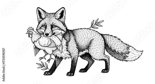 Intricate monochrome depiction of a fox carrying a chicken with leafy accents