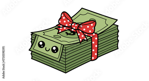 Kawaii money stack adorned with a polka-dotted bow presenting a delightful and endearing visual