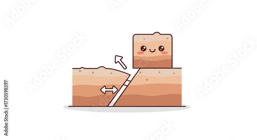 Kawaii illustration demonstrating geological fault types and plate tectonics concept