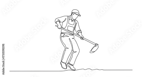 Line art illustration of a farmer using a hoe in the field with a focused determined expression