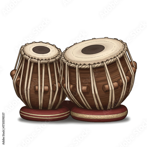 A realistic 2D vector illustration of a traditional Indian tabla percussion instrument, expertly rendered and isolated on a clean plain white background, perfect for cultural and musical themes.