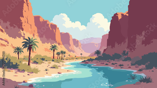Hidden desert canyon with turquoise oasis spring, palm clusters and mineral-stained cliffs, no people