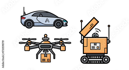 Illustrated Icons of Autonomous Delivery - Self-Driving Car, Drone, and Ground Robot.