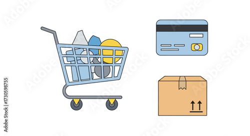 Illustrated light blue shopping cart full of colorful groceries and consumer products, side view.