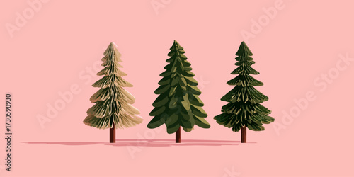 Three fir trees on pink background, differing colorations
