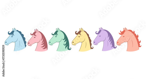 Pastel ponies parade, a harmonious line of charming equine heads on neutral backdrop