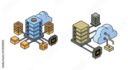 Isometric pixel art illustrations of cloud computing servers and an AI microchip network architecture.