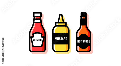 Ketchup, Mustard, and Hot Sauce Bottles with Labels, Outlined Illustration.