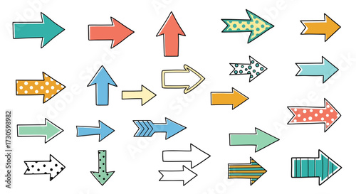 Playful assortment of direction arrows, hand drawn style, various designs for wayfinding,