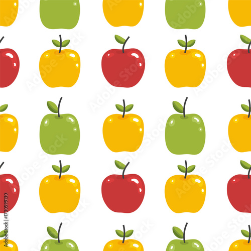 Cute vector seamless pattern with red yellow and green apples on a light background. Seamless pattern for textiles, packaging, and backgrounds.