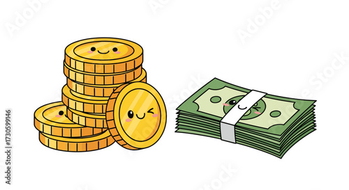 Playful depiction of financial abundance with stacks of smiling coins and cheerful banknotes