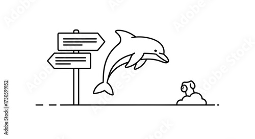 Playful ocean scenario featuring a leaping dolphin signpost and surprised onlooker animal