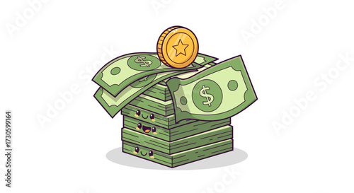Playful illustration showcasing a stack of cash with cute facial features and whimsical coin