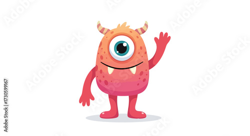 Playful one-eyed creature waving hello with a friendly smile over the solid background