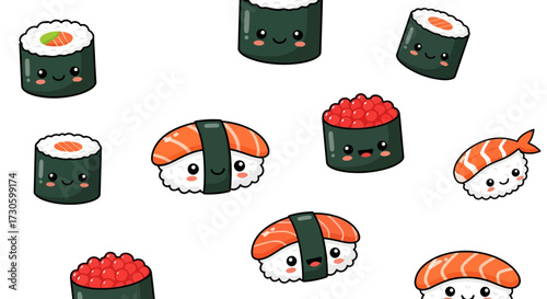 Playful sushi illustration with smiling faces for food-related designs and cute kawaii aesthetics