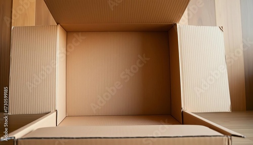 Empty corrugated cardboard box, flaps open, revealing interior,  delivery,  disposal