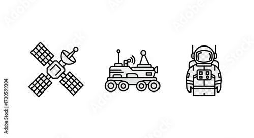 Linear Space Exploration Icons - Satellite, Rover, and Astronaut.