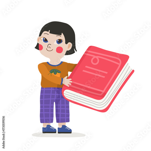 Asian schoolgirl smiles and holds in her hands a large red book, a print for school templates, postcards, invitations.