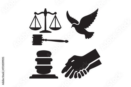 Justice peace and law symbols silhouette collection