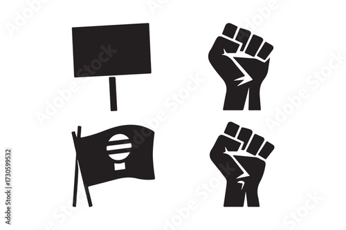Protest symbols black fist and signage for social justice