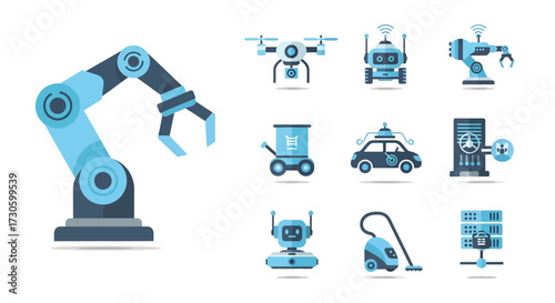 Modern blue industrial robotic arm with articulated joints and functional gripper claw.
