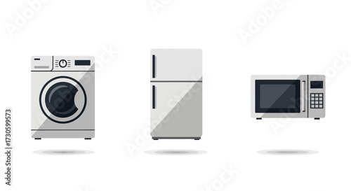 Modern flat design household appliances set - white washing machine, two-door refrigerator, and microwave oven.