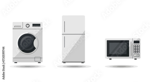 Modern White Household Appliances Set - Washing Machine, Refrigerator, and Microwave Oven.