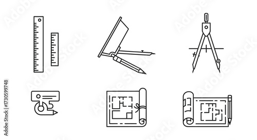 Monochrome line art icon set of drafting tools including rulers, compasses, a T-square, and architectural blueprints.
