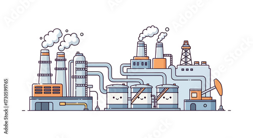 Stylized cartoon industrial complex illustration with storage tanks and extraction pump for energy