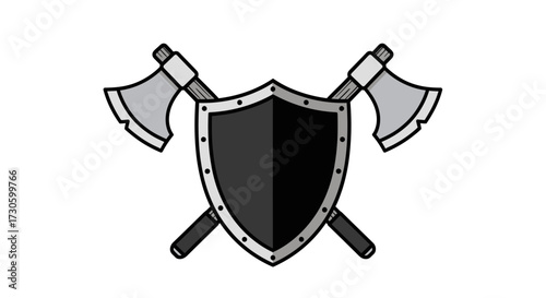 Stylized cartoon emblem featuring crossed axes behind a medieval shield icon