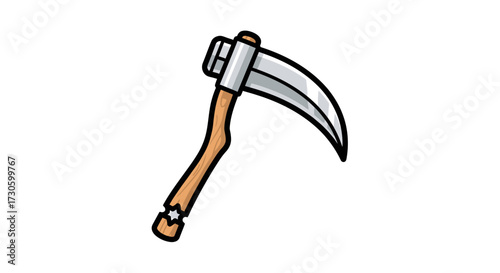 Stylized Cartoon Scythe with Worn Wooden Handle Isolated on White Background