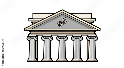 Stylized classical building facade with columns and laurel, symbol of heritage