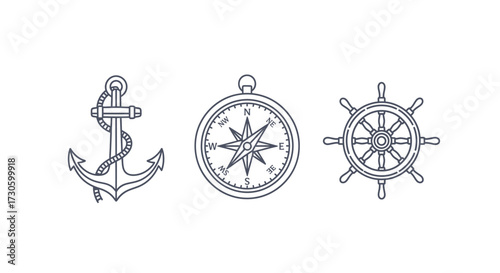 Nautical Line Art Symbols - Anchor, Compass, and Steering Wheel.