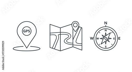 Navigation Icons - GPS Pin, Folded Map with Pointer, and Compass Rose.