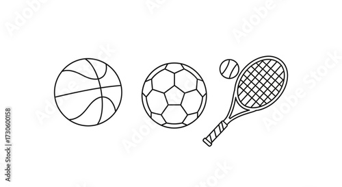 Outlined Basketball, Soccer Ball, Tennis Racket and Balls, Sports Equipment Set.