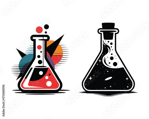 Alchemy and Science Flask Symbol with Red Chemical Explosion