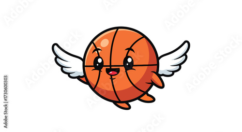  Whimsical basketball character with wings flying and expressing cheerful optimism with a smile