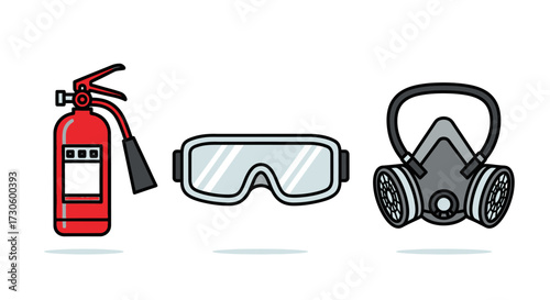 Red Fire Extinguisher, Safety Goggles, and Gas Mask Illustration.