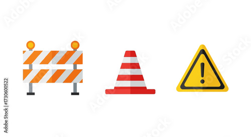 Road Construction Icons - Barrier, Cone, and Warning Triangle.