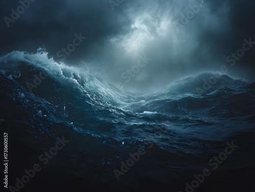 Powerful stormy ocean wave under dramatic dark sky, turbulent sea water illuminated by moody light, intense and emotional seascape with crashing waves