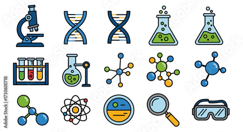 Science and laboratory equipment icons - microscope, DNA, flasks, molecules, and goggles.