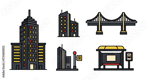 Set of cartoon urban architecture icons featuring a skyscraper, bridge, and bus stop with thick outlines and textured fill.