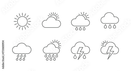 Set of Eight Linear Weather Icons - Sun, Cloud, Rain, and Lightning.