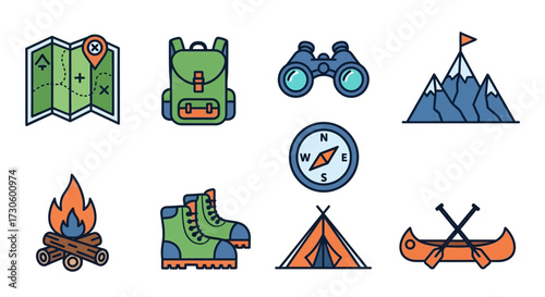Set of Colorful Outline Outdoor Recreation Icons.