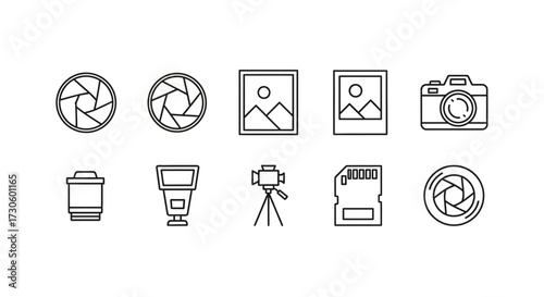 Set of ten minimalist black outline icons for photography, including camera, lens, aperture, flash, and memory card.