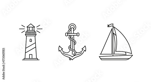 Set of three nautical line art icons - a shining lighthouse, a rope-wrapped anchor, and a simple sailboat.