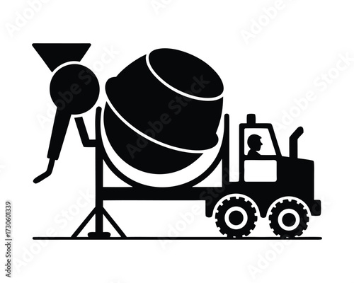 "Concrete Mixer Truck and Standalone Mixer Silhouettes Construction Equipment Icons"
